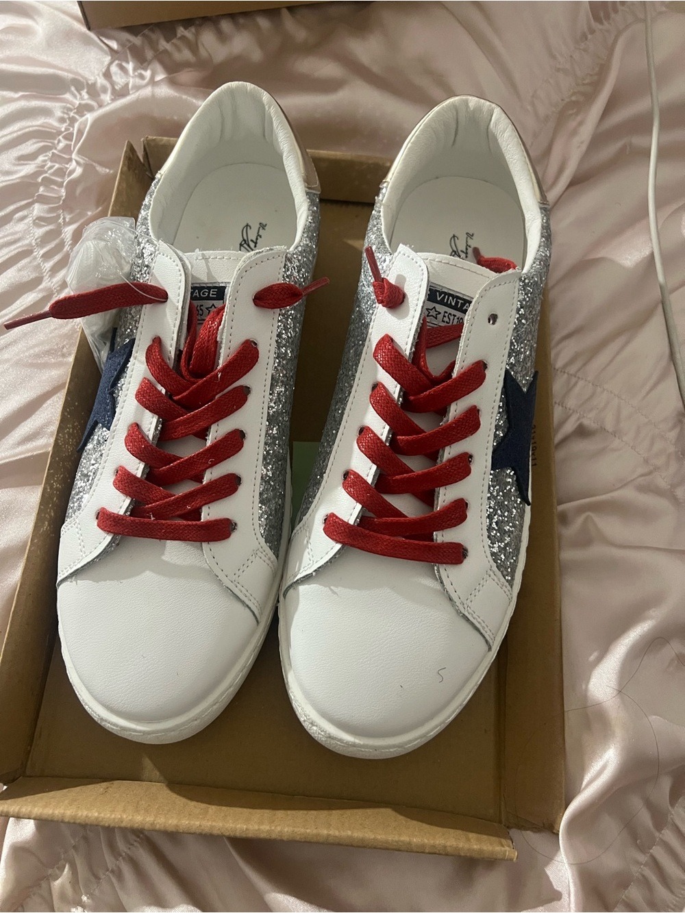 Women’s Vintage Havanas White Sneakers with Red Laces and Silver Glitter Star
